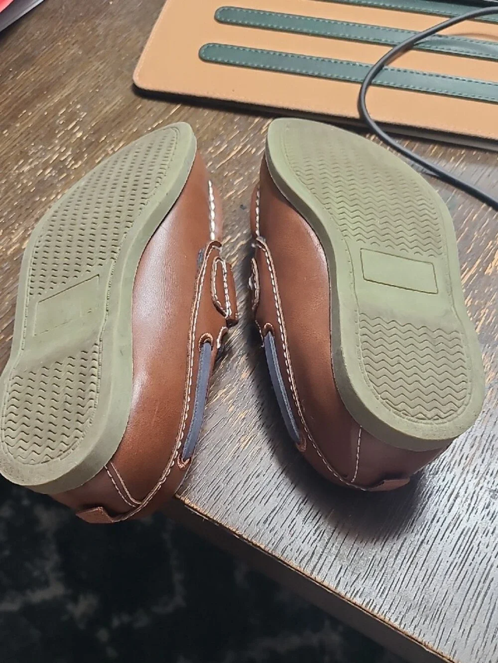 Kids Brown Leather Slip-On Boat Shoes Size 10 Boys with Hook-and-Loop Strap